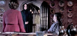 A split image showing Snape's dual nature - one side showing him protecting Harry in secret, the other showing him intimidating students in class
