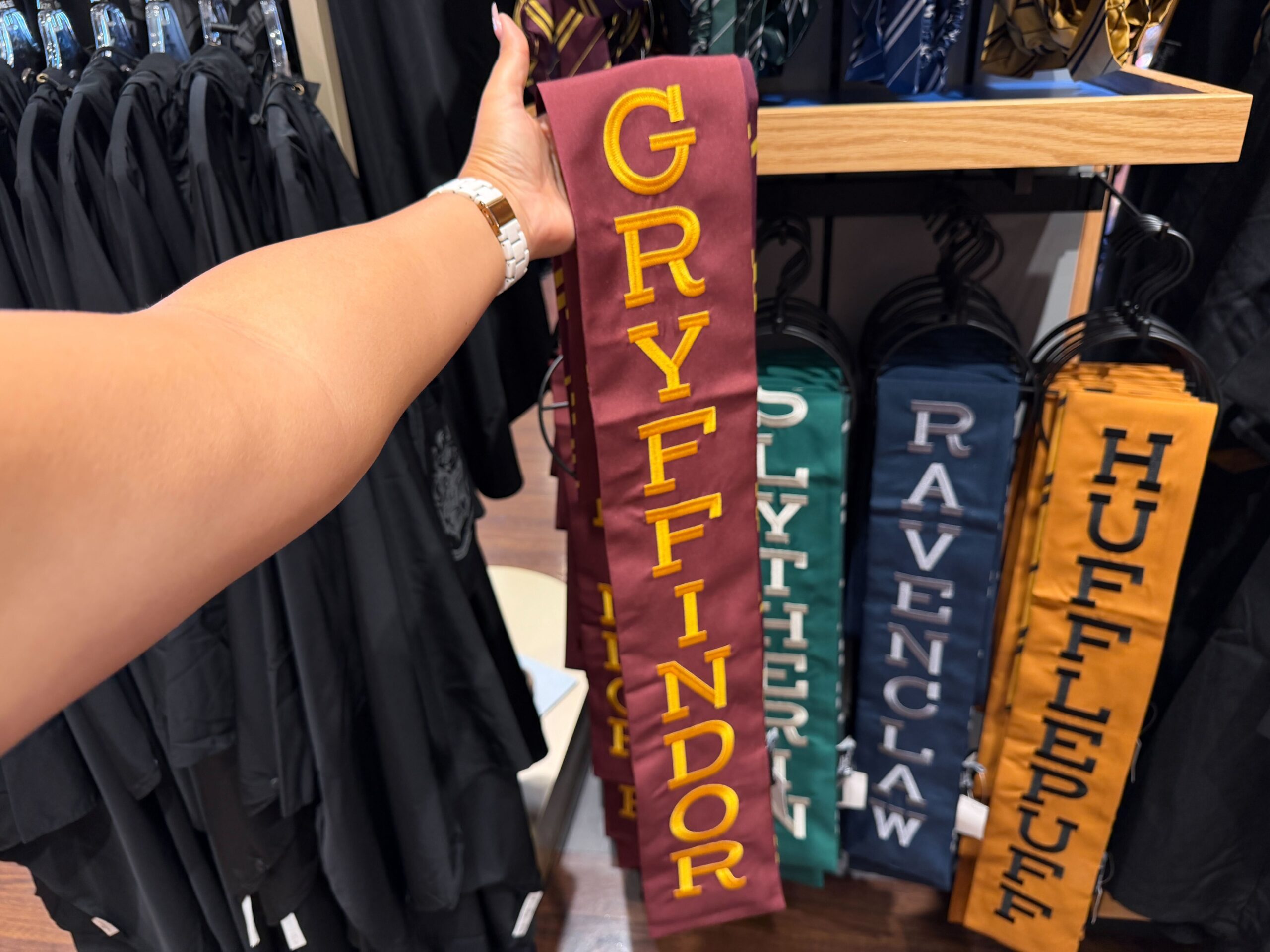 Close-up view of a Hogwarts house stole showing detailed craftsmanship